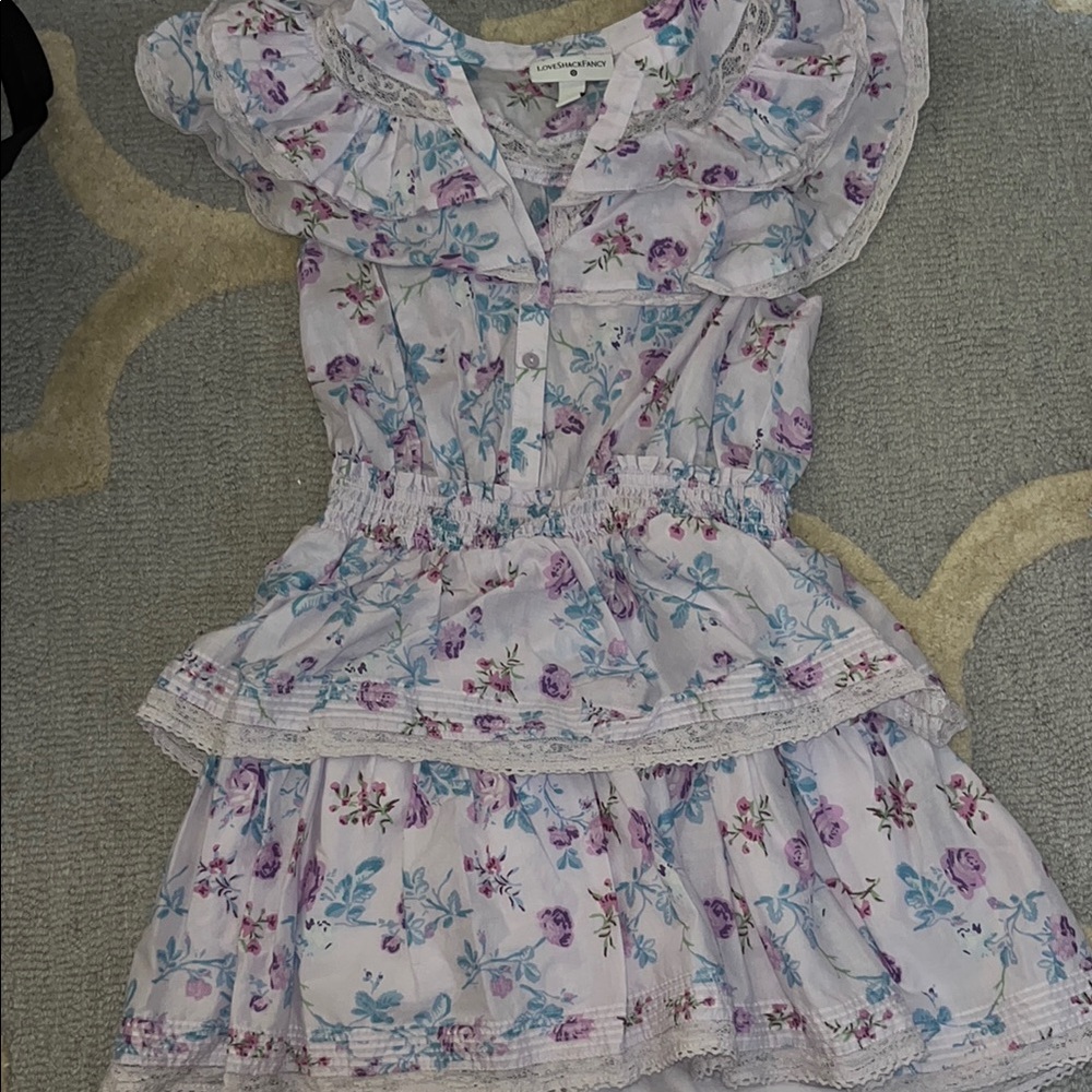 LoveShackFancy Floral Ruffle Dress - Purple and Blue